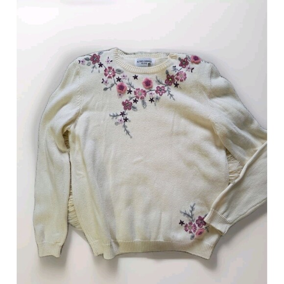 Alfred Dunner Embroidered Sweater Petite S Floral Cream & Pink Spring Pullover - Picture 1 of 9